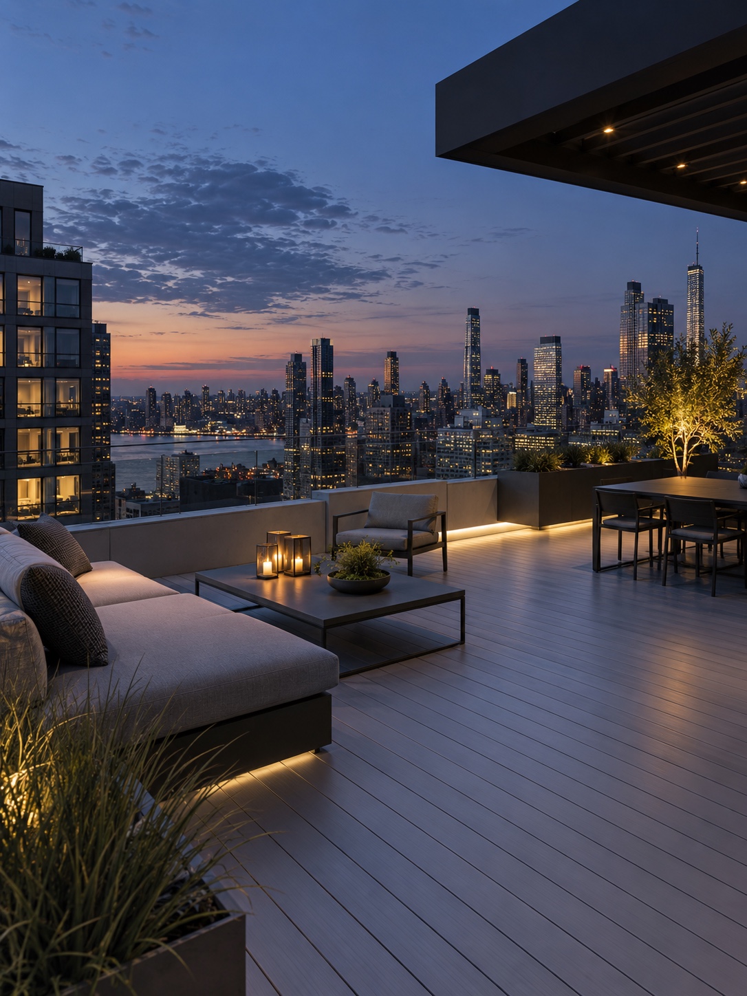 Aluminum Rooftop Deck at Dusk Contemporary aluminum rooftop deck with minimalist furniture at dusk | Sky Rye Design Contemporary aluminum rooftop deck with minimalist furniture at dusk