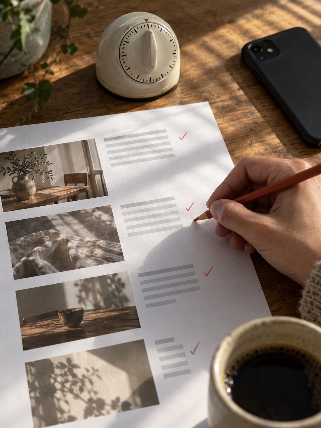 Twenty minutes one page Wind-up kitchen timer beside a printed project page marked with small terracotta pencil ticks, a phone face-down next to it | Sky Rye Design Wind-up kitchen timer beside a printed project page marked with small terracotta pencil ticks, a phone face-down next to it