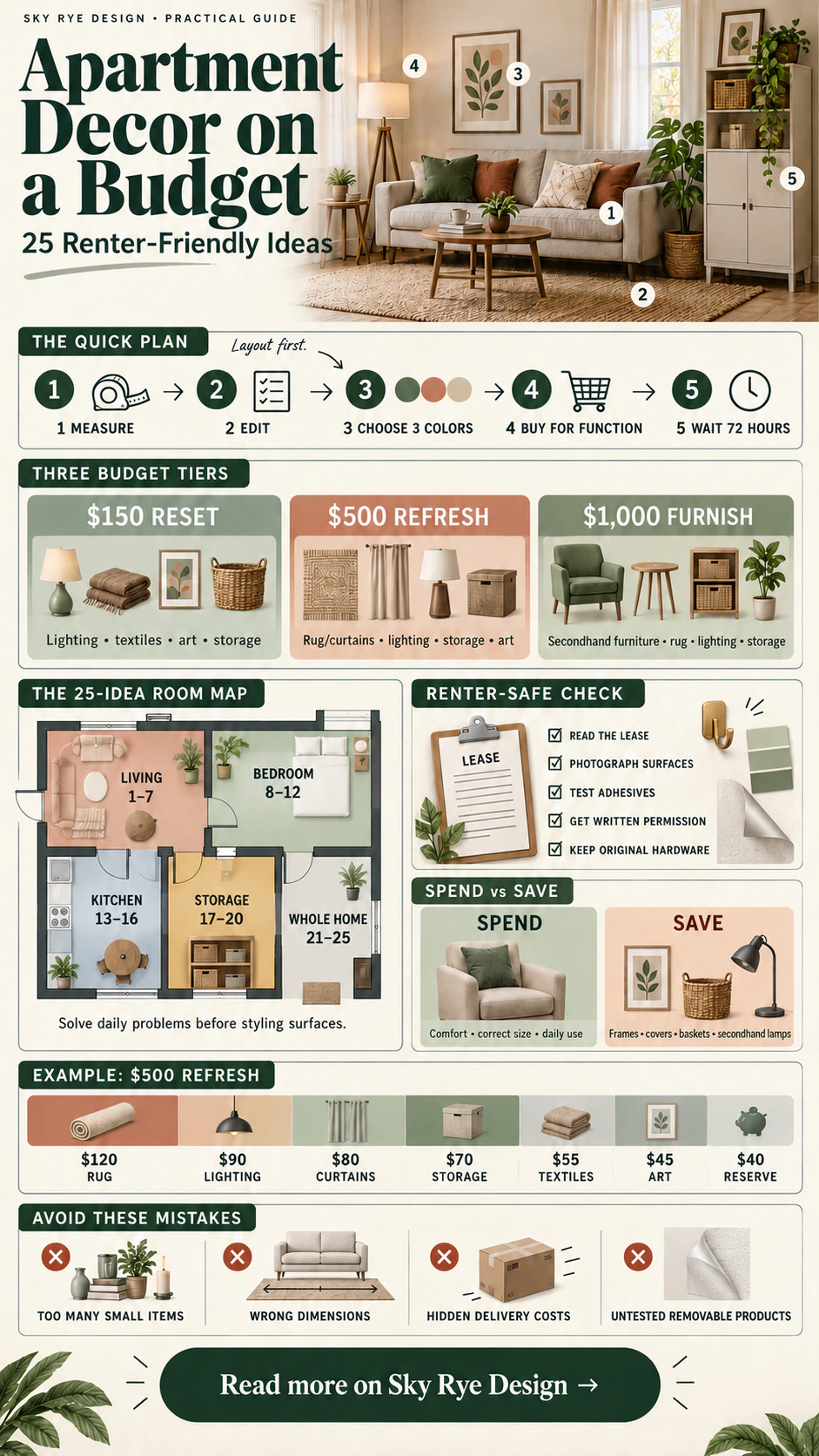 Apartment Decor on a Budget Infographic Apartment decor on a budget infographic with renter-friendly planning steps, three spending tiers, room priorities, safety checks, and a five-hundred-dollar refresh example | Sky Rye Design Apartment decor on a budget infographic with renter-friendly planning steps, three spending tiers, room priorities, safety checks, and a five-hundred-dollar refresh example