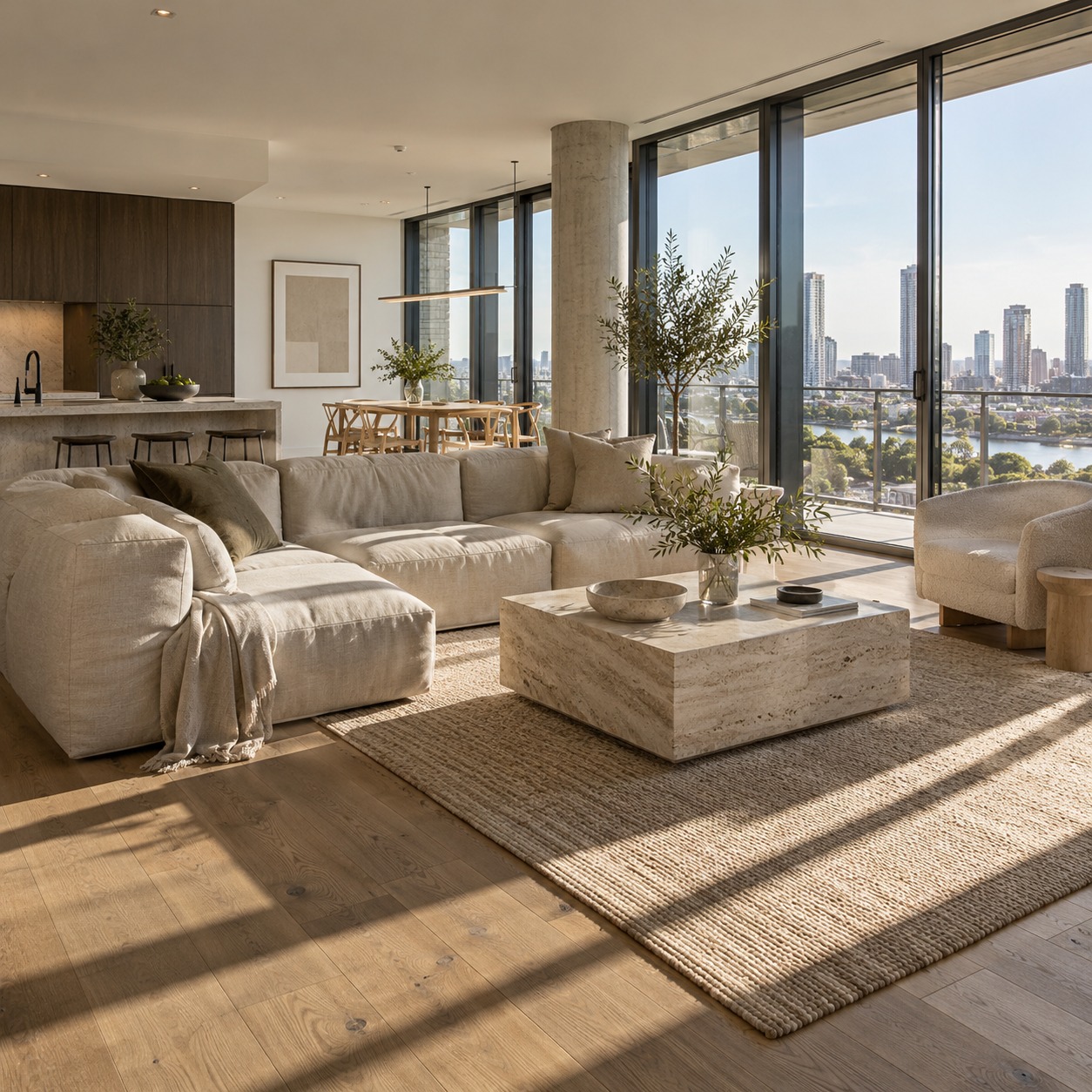 Apartment design target buyers Open-plan apartment with a linen sofa, travertine table and large windows | Sky Rye Design Open-plan apartment with a linen sofa, travertine table and large windows