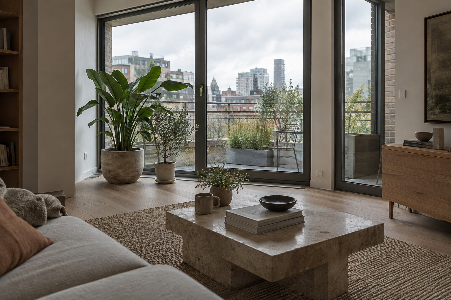 Apartment plants beside large windows and a planted terrace
