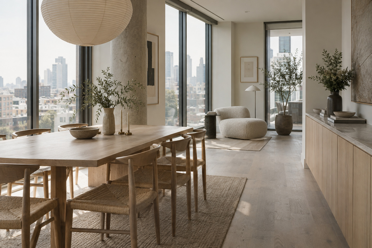 Daylight reaching an apartment dining area through floor-to-ceiling windows