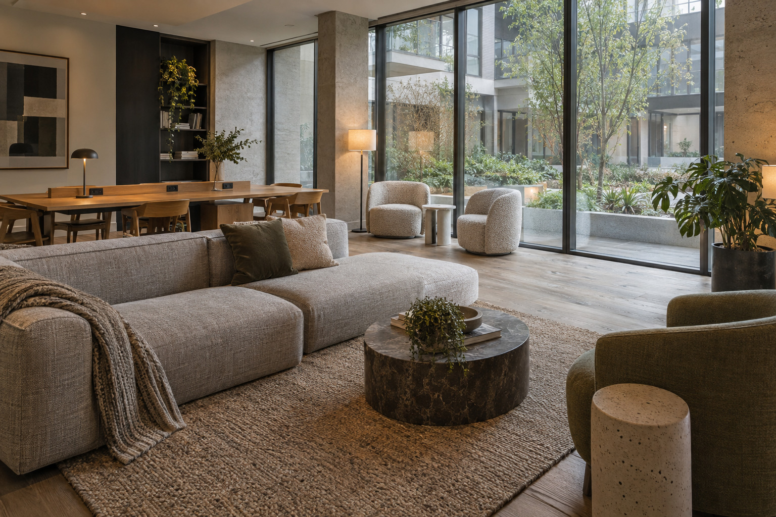 Well-planned shared apartment lounge with varied seating and power outlets