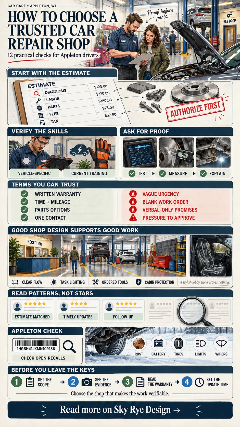 Car repair shop infographic showing estimates, technician skills, diagnostic proof, warranties, reviews, shop workflow, recalls, and Appleton winter checks