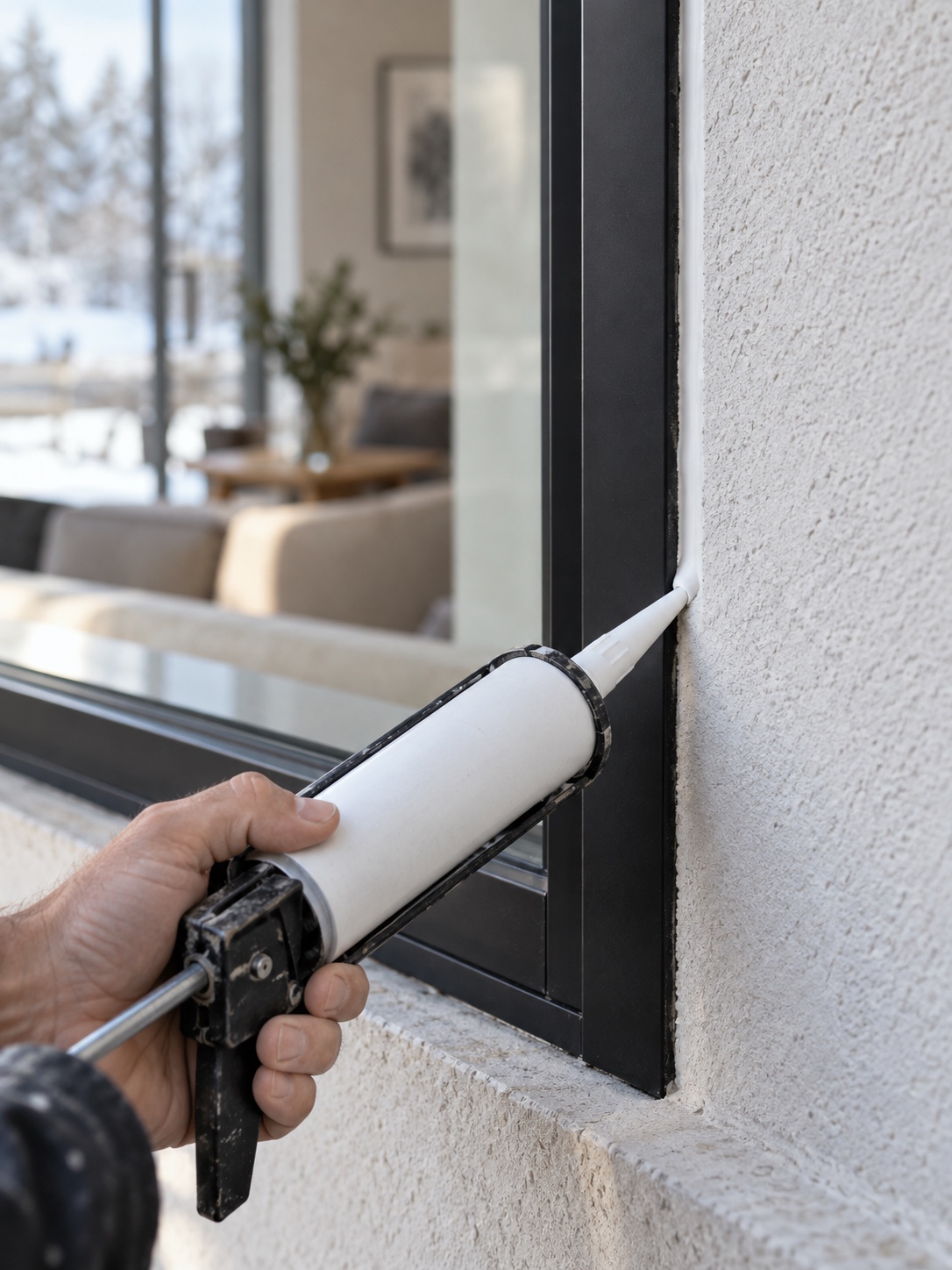 Hand applying a neat bead of caulk along the joint of a modern window frame