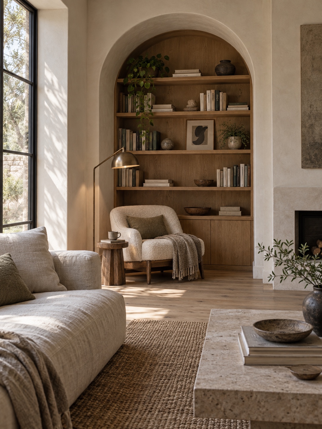Arched reading alcove oak bookshelf Cozy living room with an arched built‑in bookshelf, beige chair, and warm natural light from a large window. | Sky Rye Design Deep arched reading alcove with oak shelves, a chair and a floor lamp