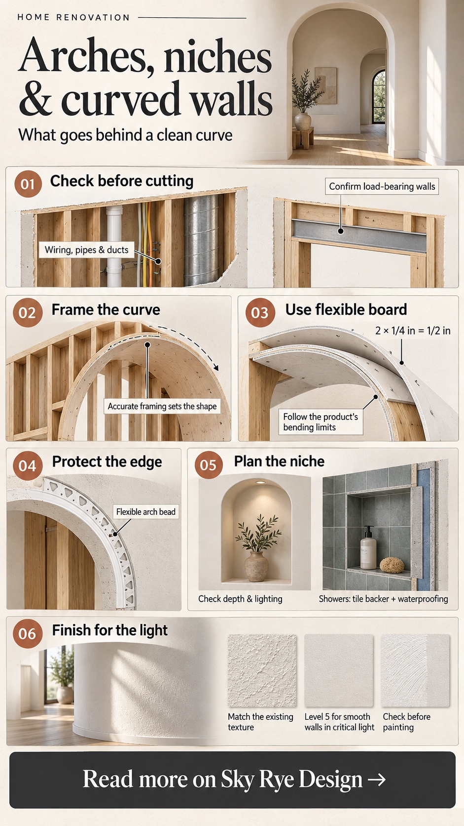 Arches niches and curved walls a visual planning guide Infographic showing six planning and construction details for arches, wall niches and curved walls. | Sky Rye Design Infographic showing six planning and construction details for arches, wall niches and curved walls.