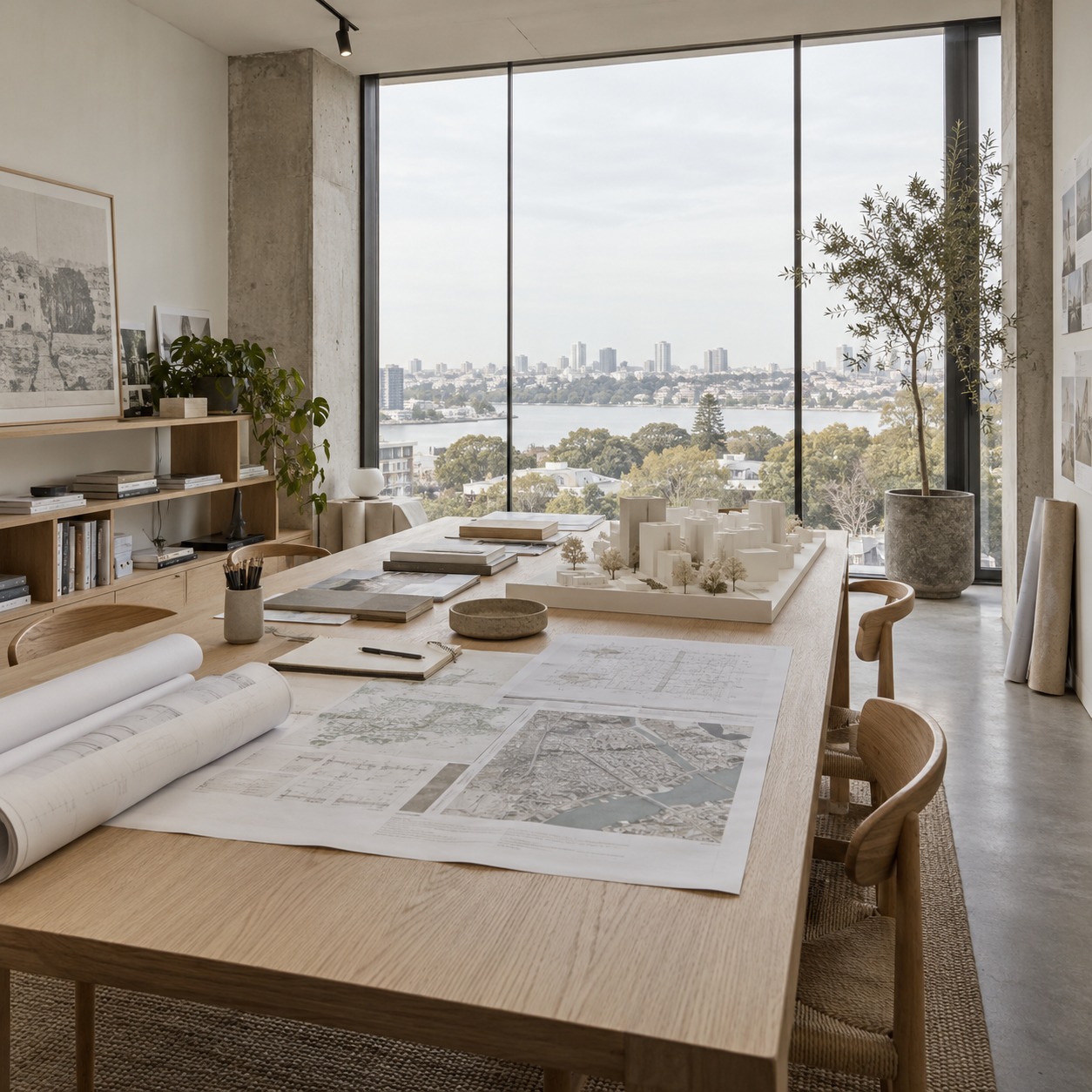 Architect studio development planning Architect studio with an oak worktable, rolled drawings and a building model | Sky Rye Design Architect studio with an oak worktable, rolled drawings and a building model