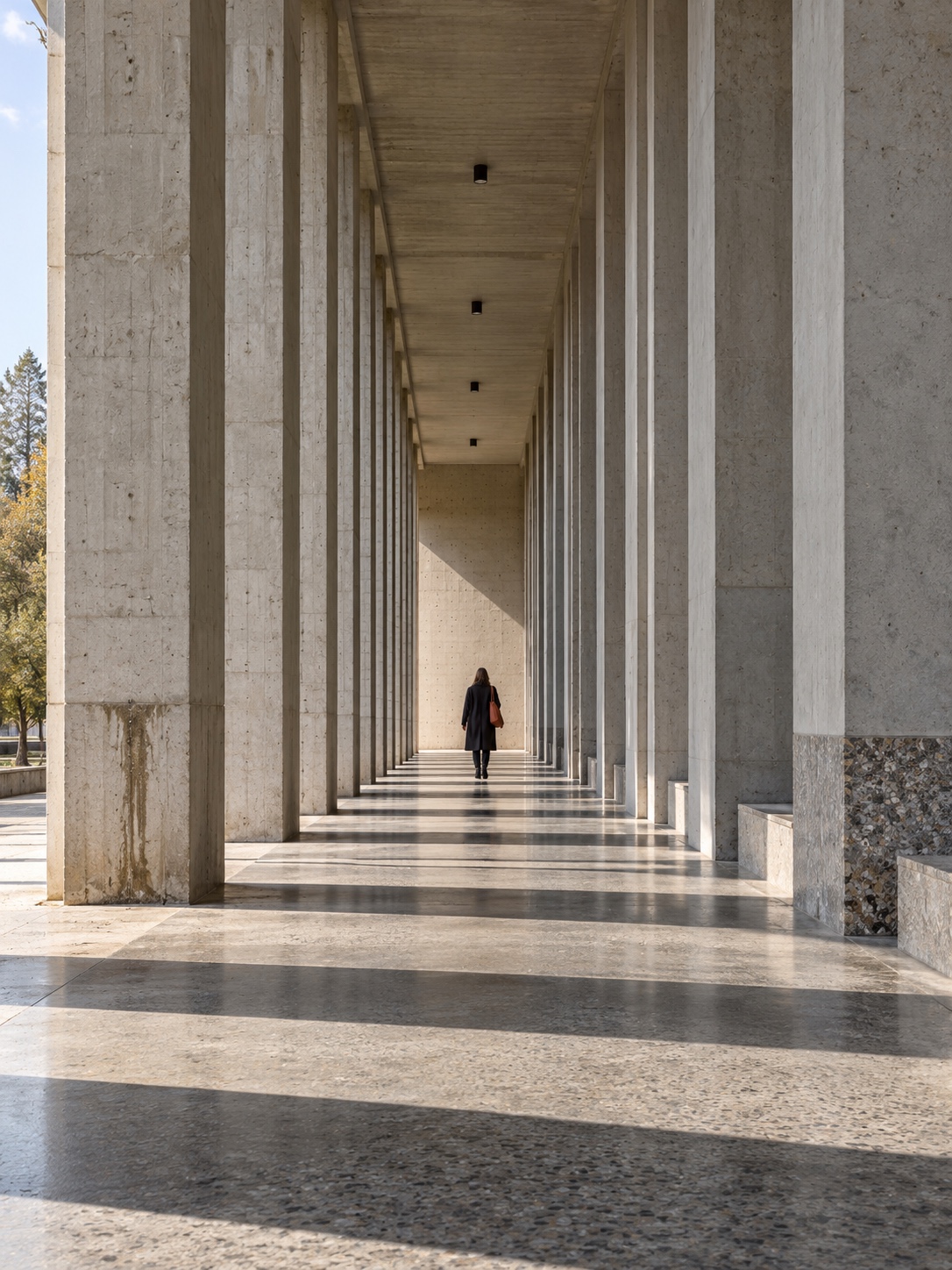 Architectural leading lines Concrete colonnade with converging lines leading to a small figure at the far end, showing scale and perspective | Sky Rye Design Concrete colonnade with converging lines leading to a small figure at the far end, showing scale and perspective