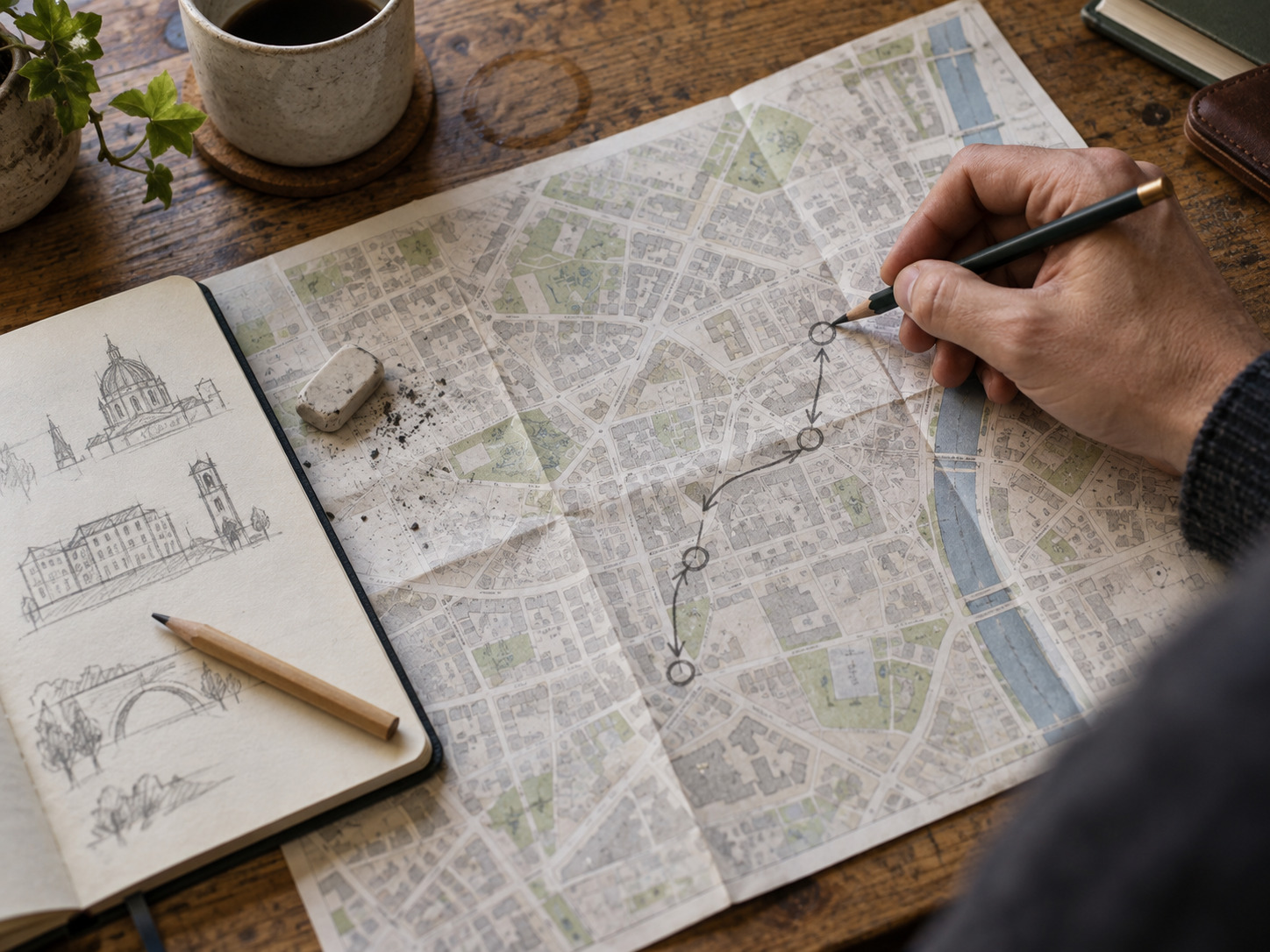 Hand marking architecture stops on a paper street map