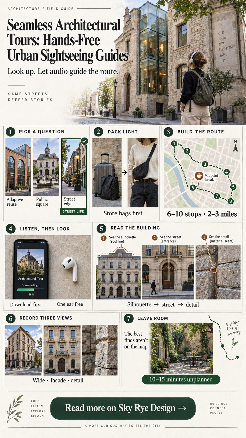 Infographic showing how to plan an architectural walk, use an audio guide, study buildings, and record three views