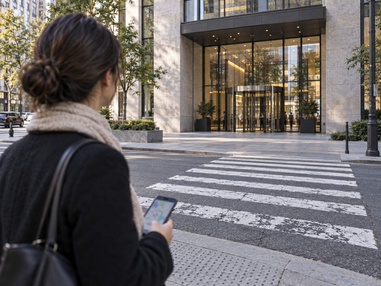 Pedestrian checking the entrance of a large building from a crosswalk