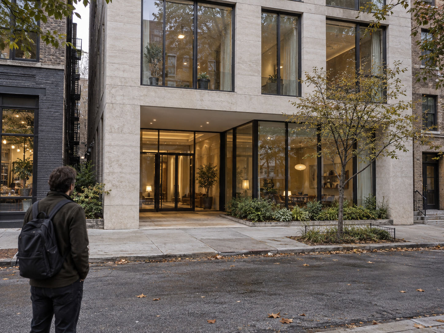 Visitor studying a building entrance from the opposite sidewalk