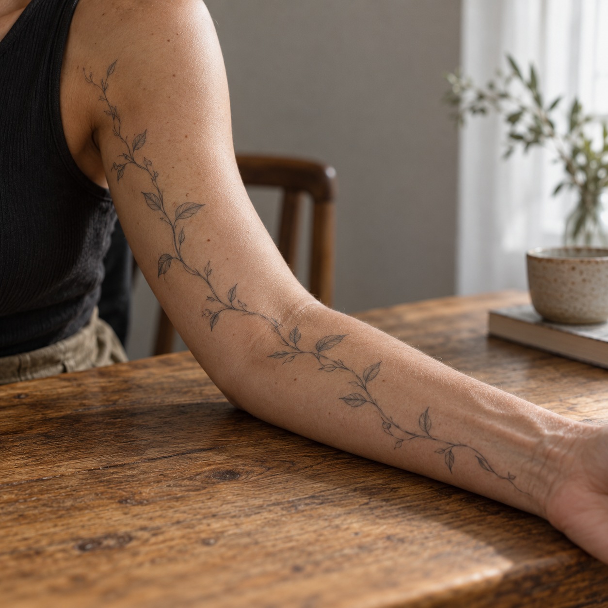 Trailing vine tattoo extending along the arm