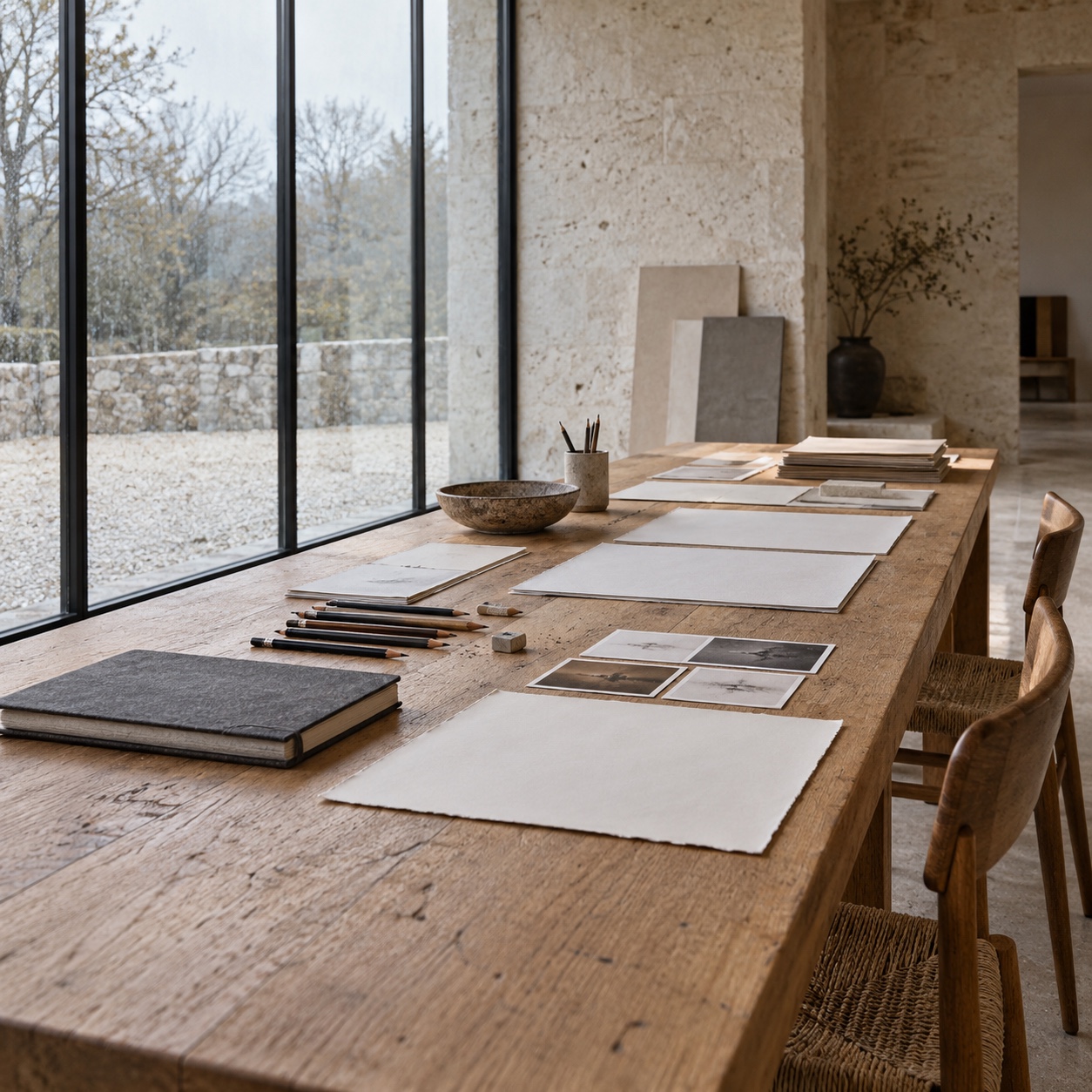 Art tutorial editorial workflow Oak production table with blank layout proofs, a sketchbook, photographs, and pencils in a limestone studio. | Sky Rye Design Oak production table with blank layout proofs, a sketchbook, photographs, and pencils in a limestone studio.