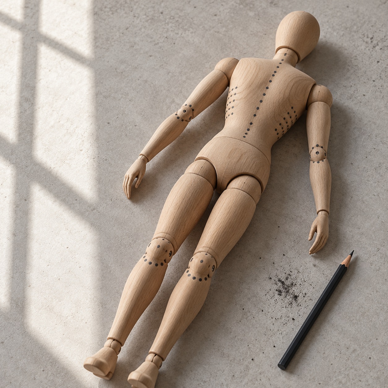 Wooden artist mannequin with graphite dots marking body zones
