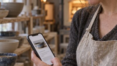 Ceramicist in a clay-dusted apron holds a phone showing a small summary card with a cropped glaze thumbnail, shelves of bowls behind her