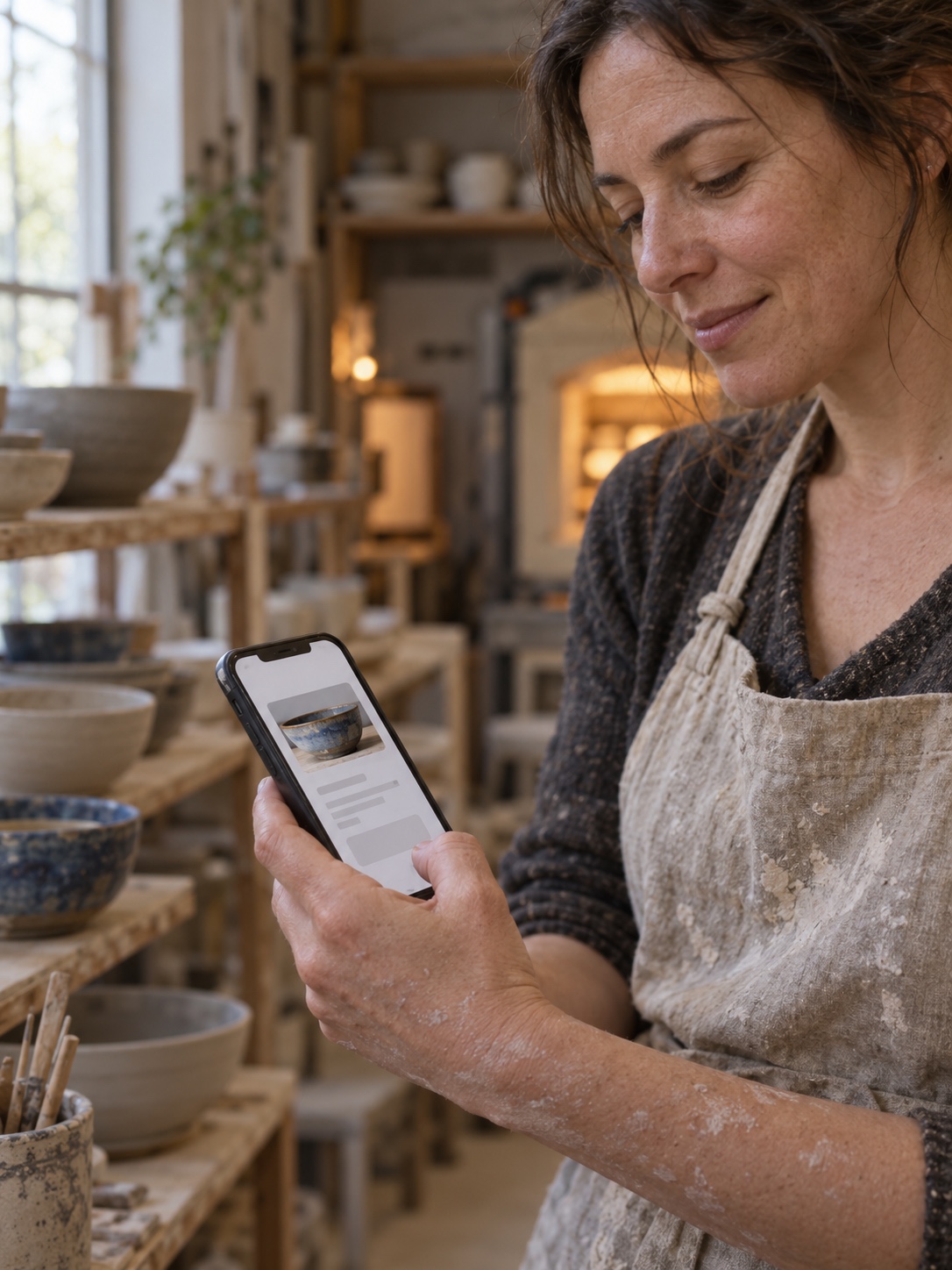 A portfolio first seen as a fragment Ceramicist in a clay-dusted apron holds a phone showing a small summary card with a cropped glaze thumbnail, shelves of bowls behind her | Sky Rye Design Ceramicist in a clay-dusted apron holds a phone showing a small summary card with a cropped glaze thumbnail, shelves of bowls behind her