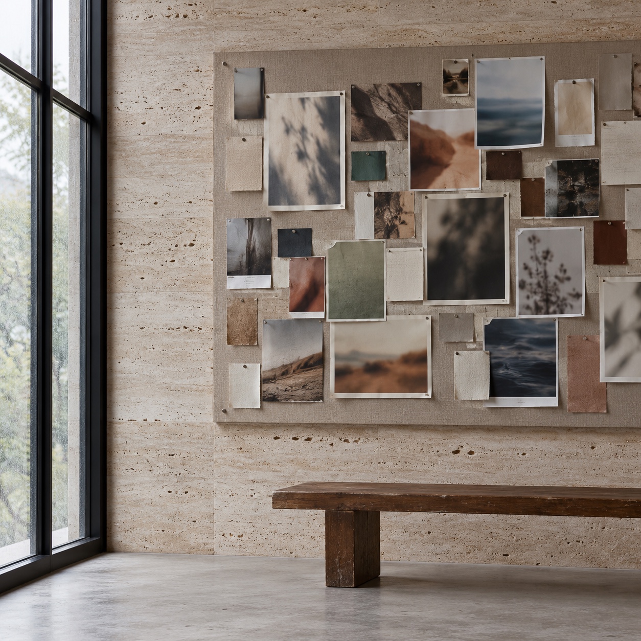 Artist reference board studio Studio pinboard filled with abstract photographs and paper swatches beside a travertine wall. | Sky Rye Design Studio pinboard filled with abstract photographs and paper swatches beside a travertine wall.
