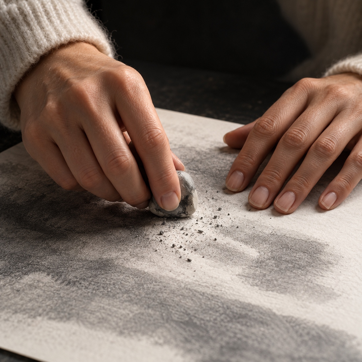 Artist workflow graphite details Artist's hands erasing graphite on textured paper with dust and eraser crumbs visible. | Sky Rye Design Artist's hands erasing graphite on textured paper with dust and eraser crumbs visible.