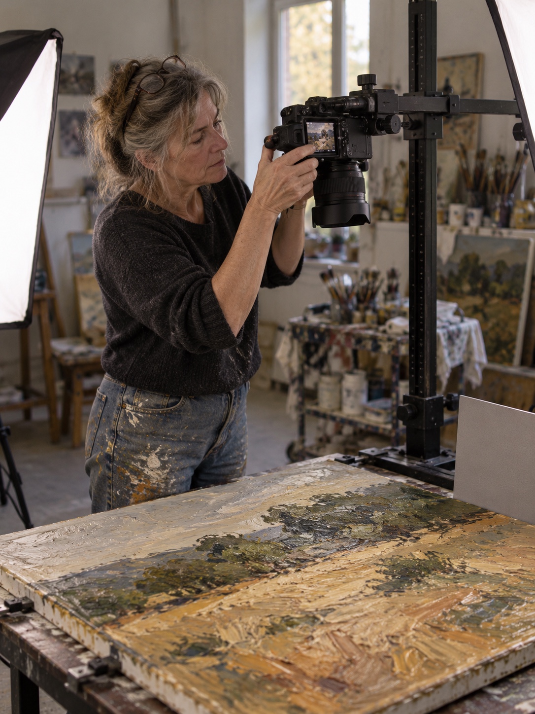 Cleaner files start at capture Painter photographs a framed canvas on a copy stand under two diffused lights, a plain grey card propped at the edge of the artwork | Sky Rye Design Painter photographs a framed canvas on a copy stand under two diffused lights, a plain grey card propped at the edge of the artwork