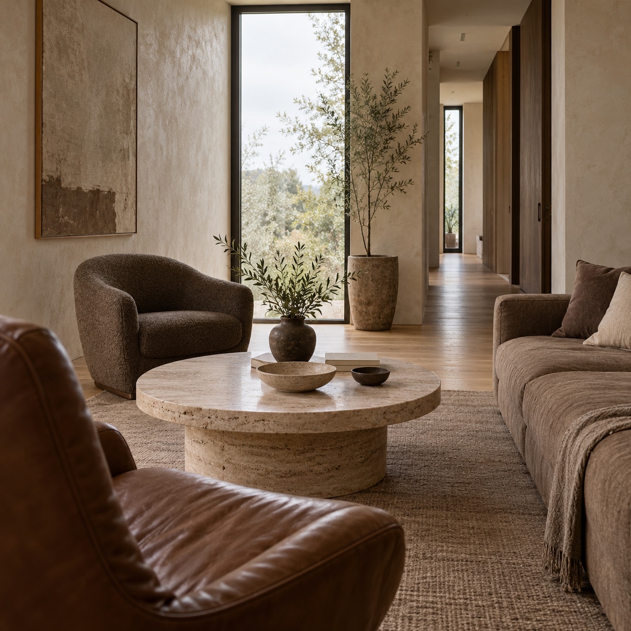 Cocoa sofa and two different lounge chairs angled around a round travertine coffee table