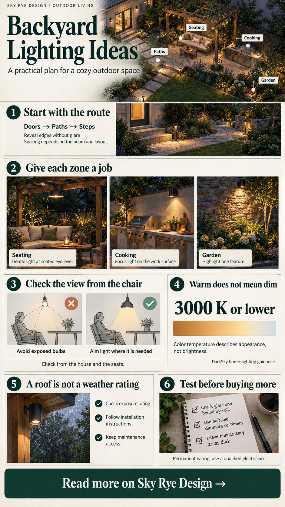 Backyard lighting guide showing path, seating and cooking zones, glare control, warm light and outdoor fixture checks.