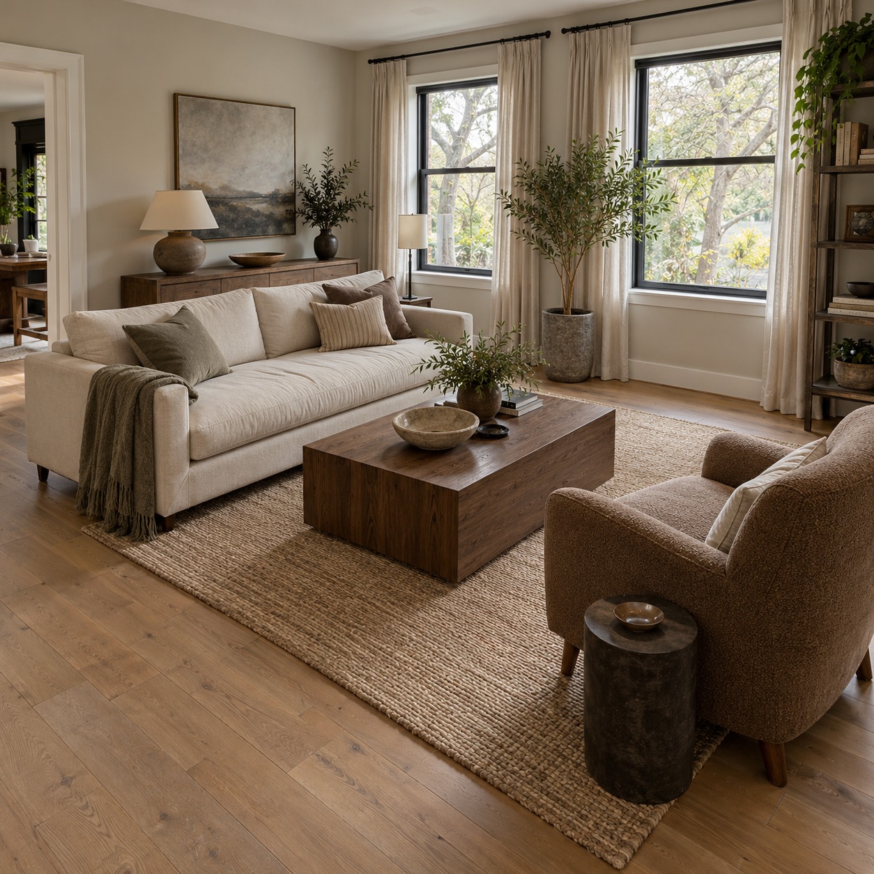 Living room layout with a sofa, angled chair, anchored rug, and clear walking paths