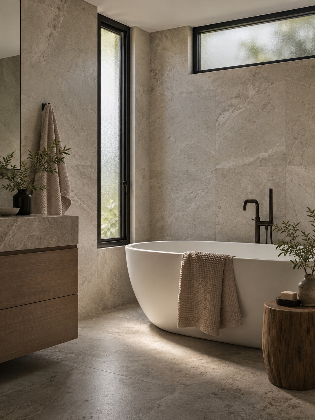 Bathroom frosted casement windows Bathroom with a high frosted fixed window and a slim black-framed casement | Sky Rye Design Bathroom with a high frosted fixed window and a slim black-framed casement