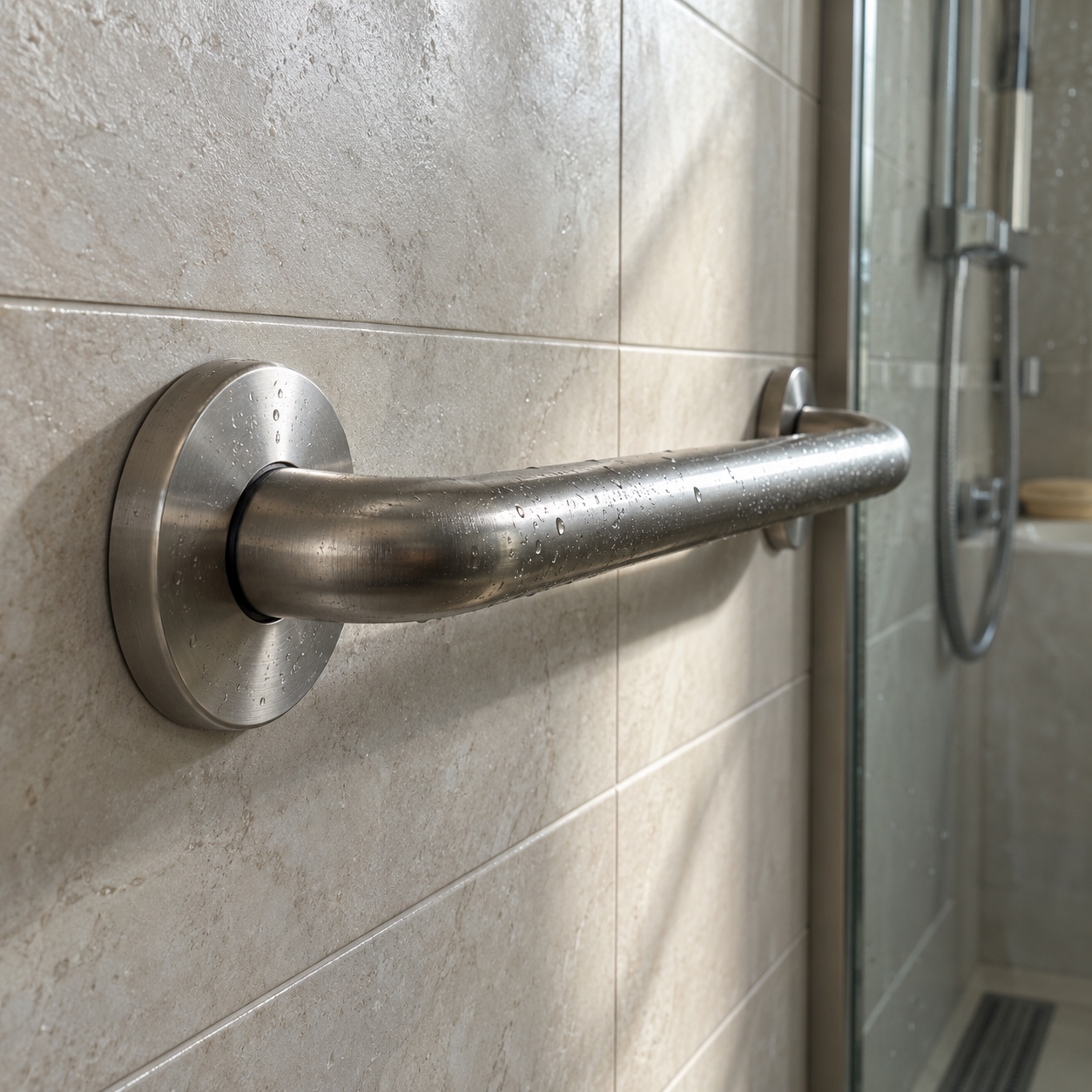 Matte stainless steel grab bar fixed to a pale tiled shower wall