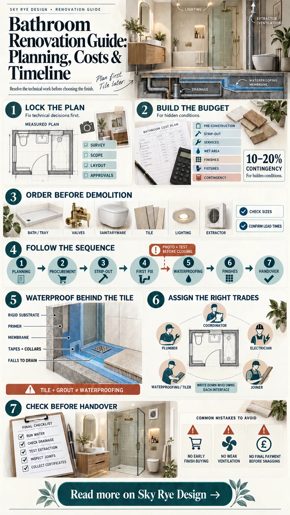 Bathroom Renovation Planning Costs and Timeline Infographic Bathroom renovation guide infographic showing planning, budget, construction sequence, waterproofing, trade roles, and handover checks | Sky Rye Design Bathroom renovation guide infographic showing planning, budget, construction sequence, waterproofing, trade roles, and handover checks
