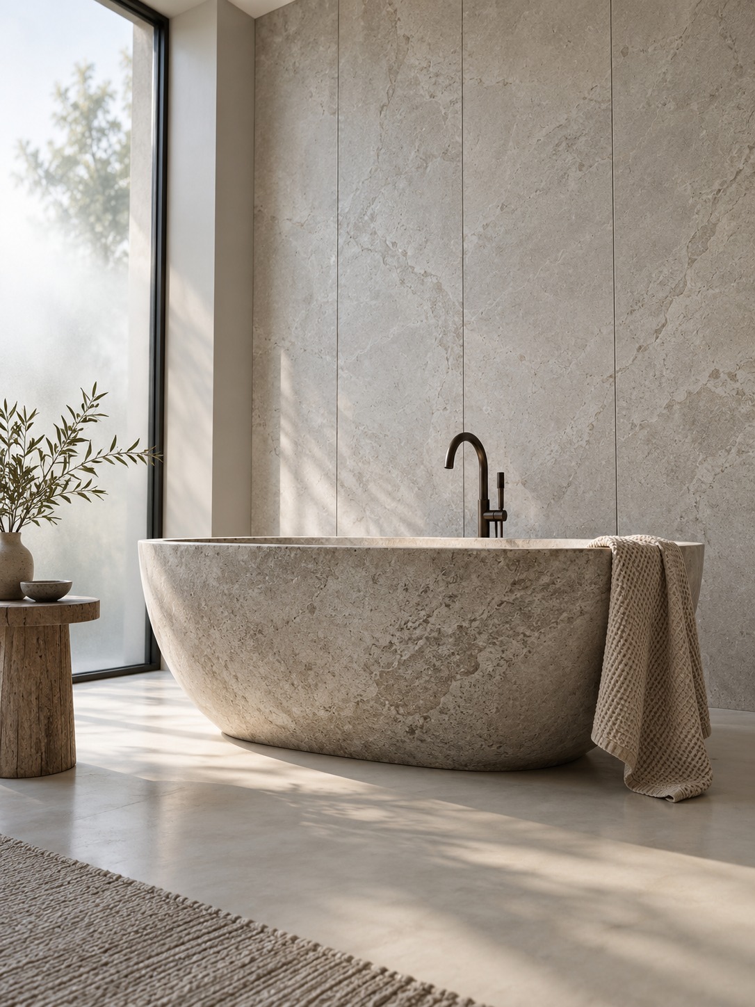 Freestanding bath in front of a porcelain wall with vertical joints