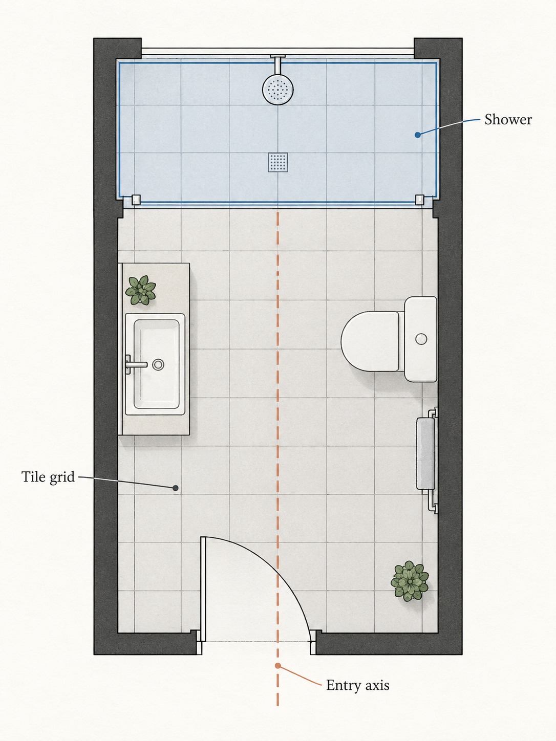 Bathroom floor plan showing a tile grid, doorway axis and shower area