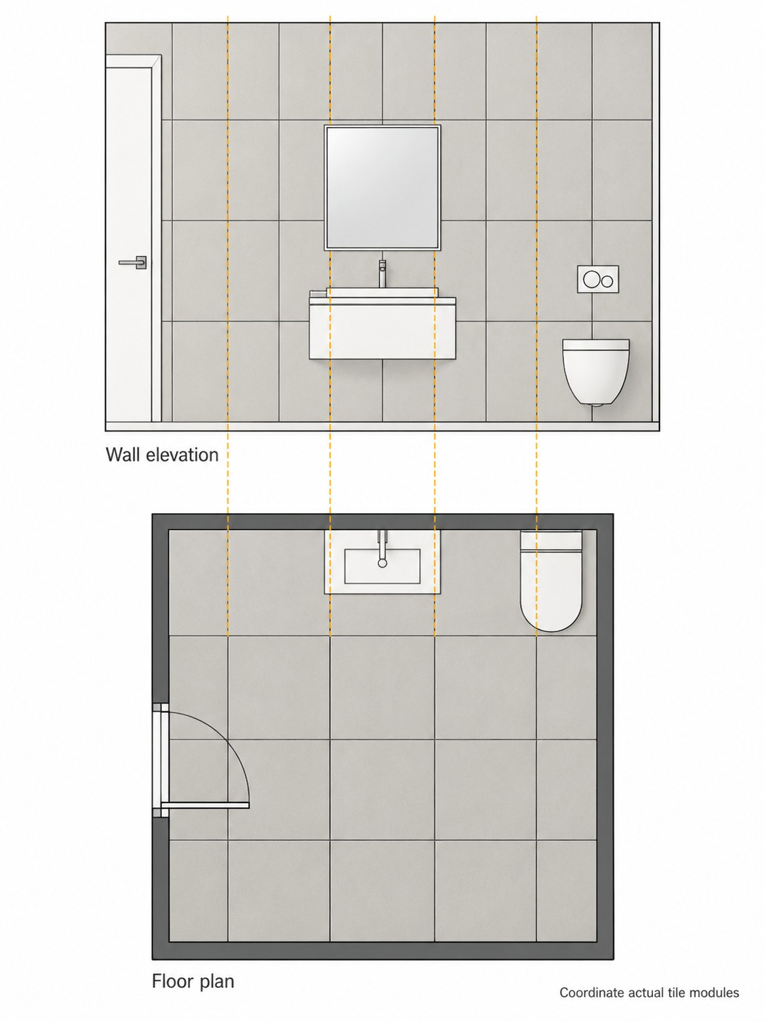 Coordinated floor plan and wall elevation showing matching grout axes