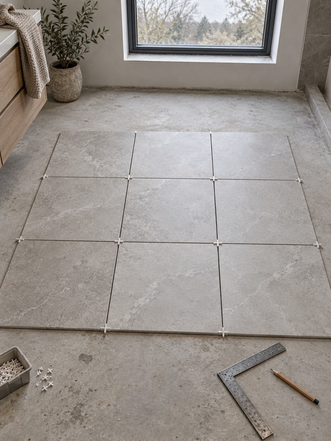 Nine porcelain tiles dry-laid with spacers beside a square and pencil