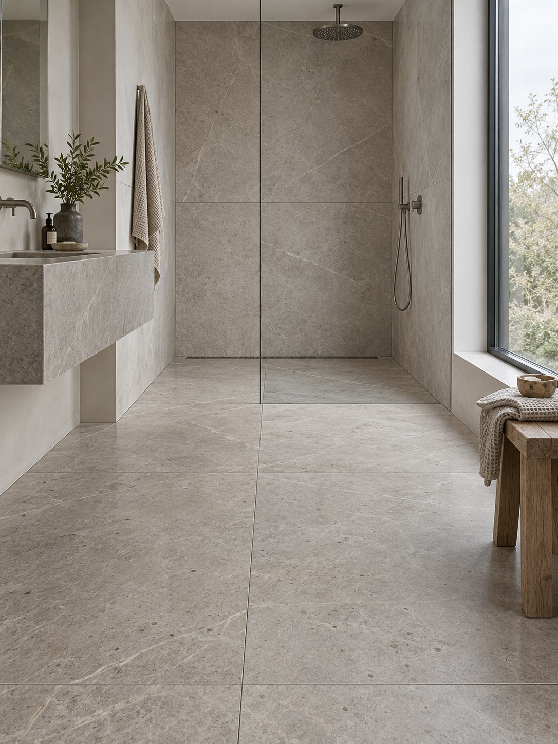 Porcelain floor and wall tiles with coordinated grout lines