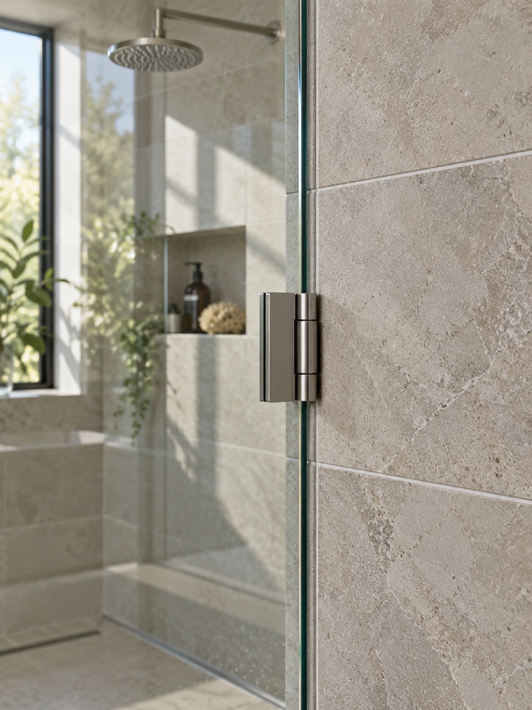 Stainless glass fitting beside a straight joint in a tiled shower wall
