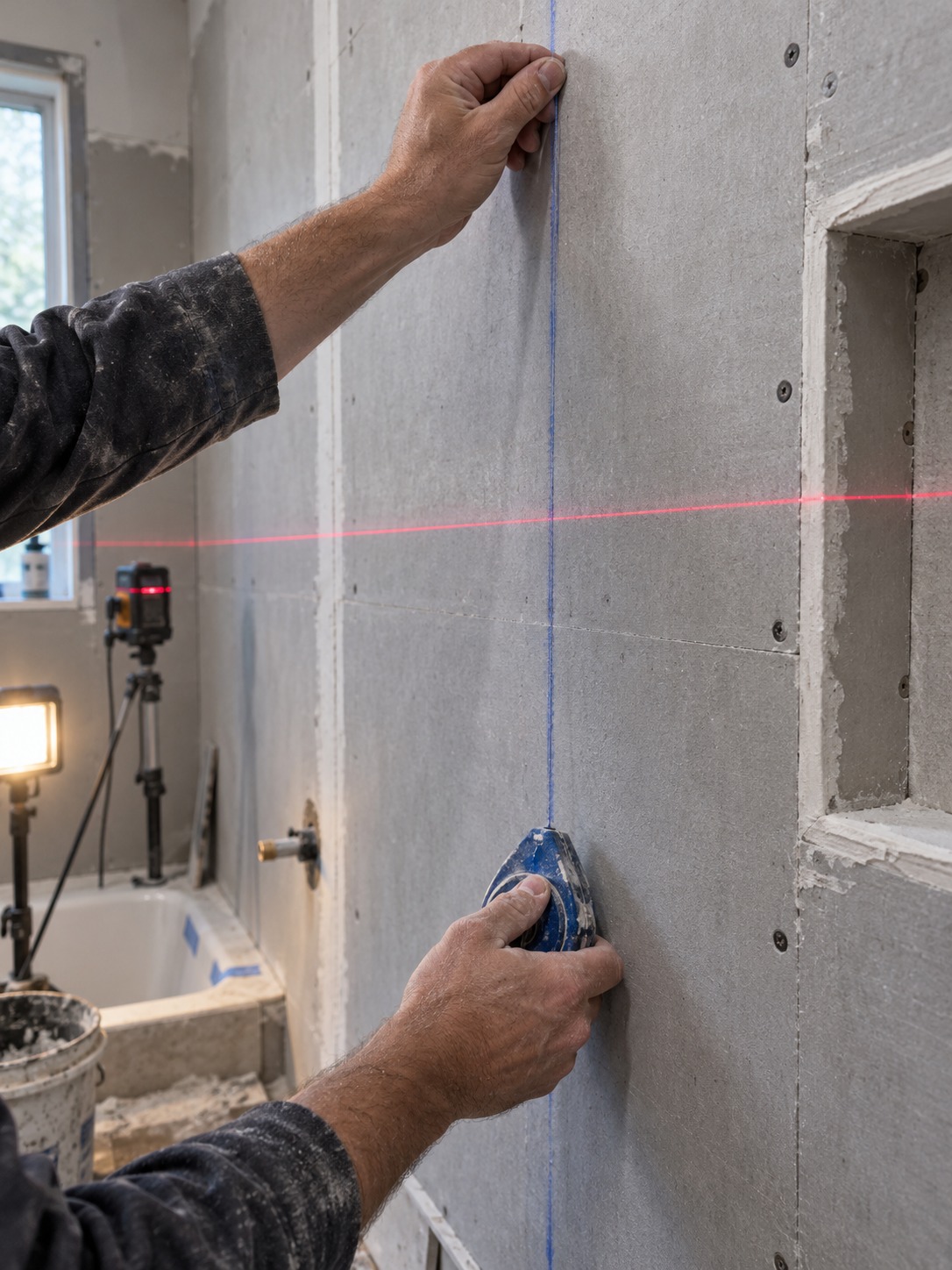 Hands marking a reference line on a prepared bathroom wall