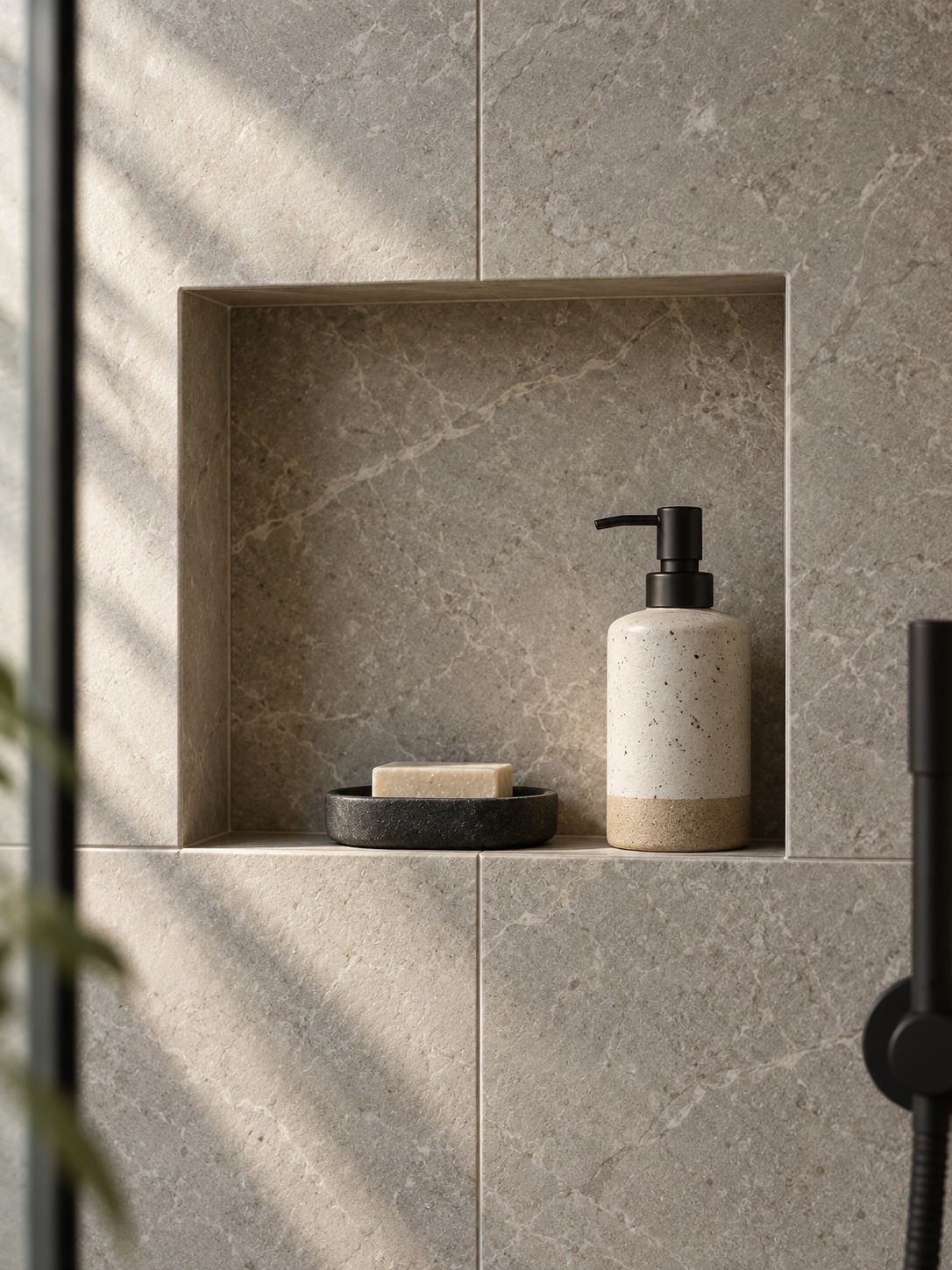 Recessed porcelain niche with a shelf, ceramic bottle and soap dish