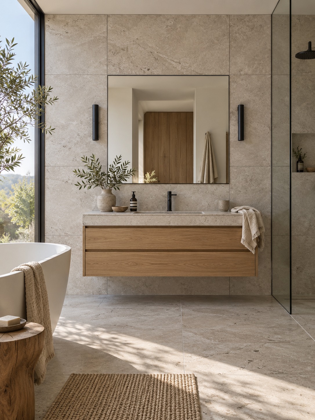 Wall-hung oak vanity against a large-format tiled bathroom wall