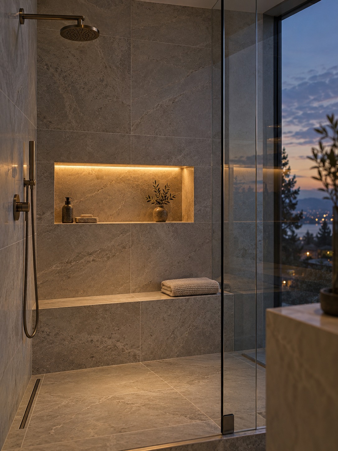 Illuminated shower niche beside frameless glass at dusk