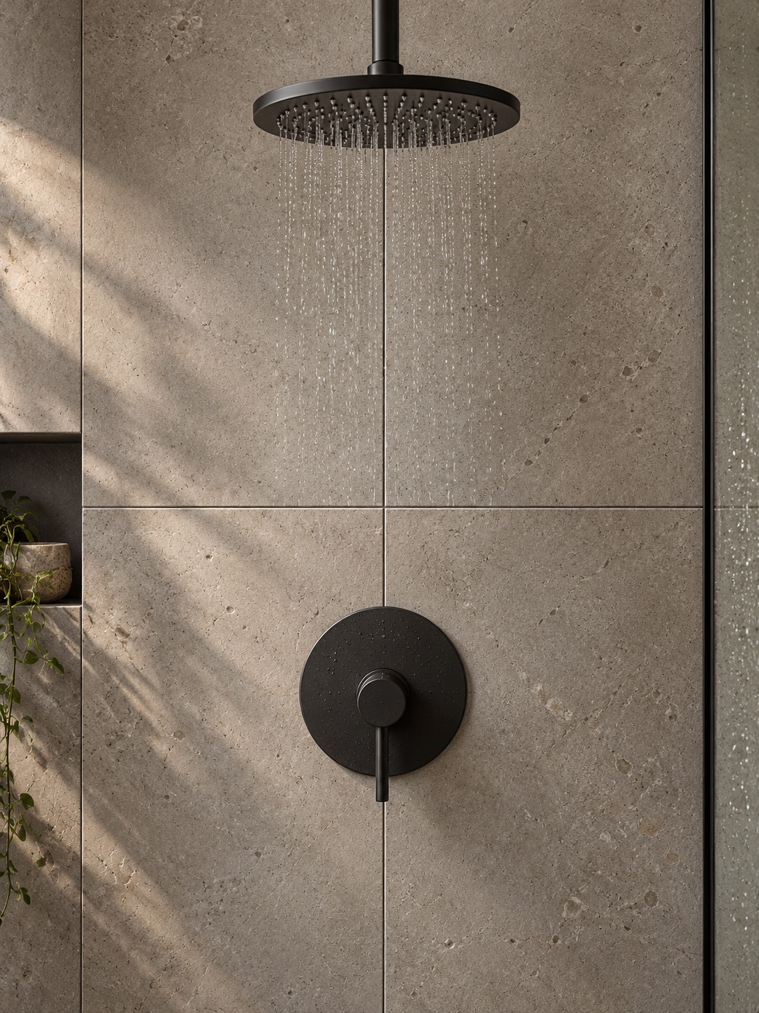 Black shower fittings positioned on the centerline of a tiled wall