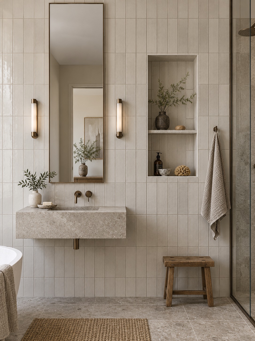 Rectangular wall tiles beside a tall mirror and recessed shelf
