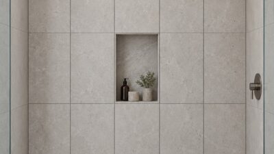 Straight-on view of a stacked porcelain shower wall and centered niche