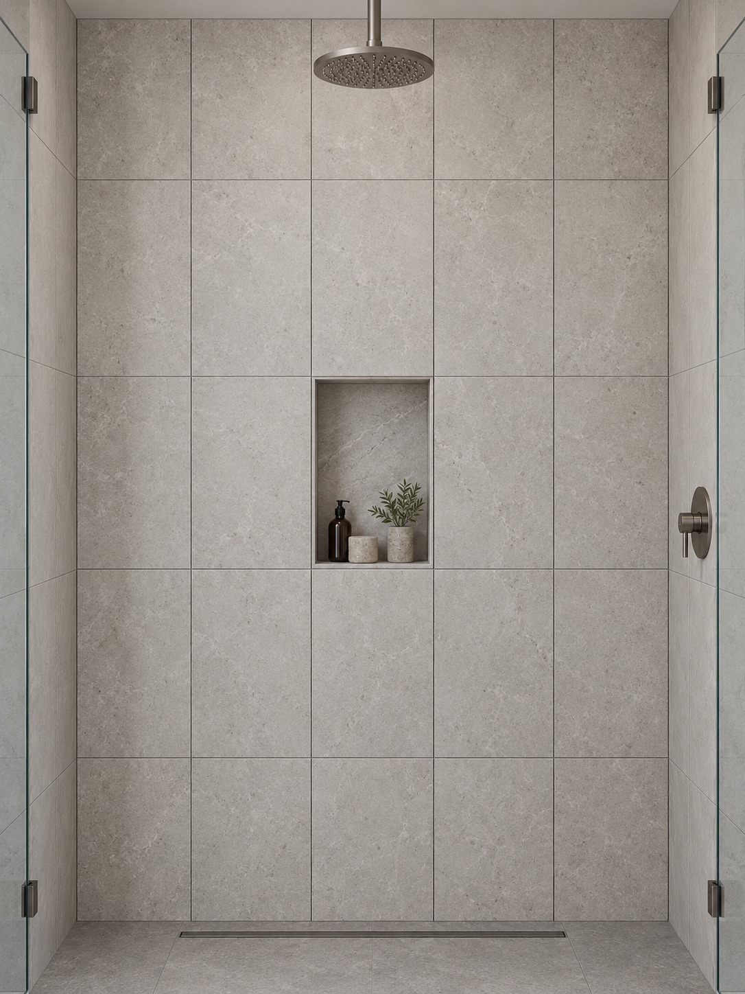 Straight-on view of a stacked porcelain shower wall and centered niche