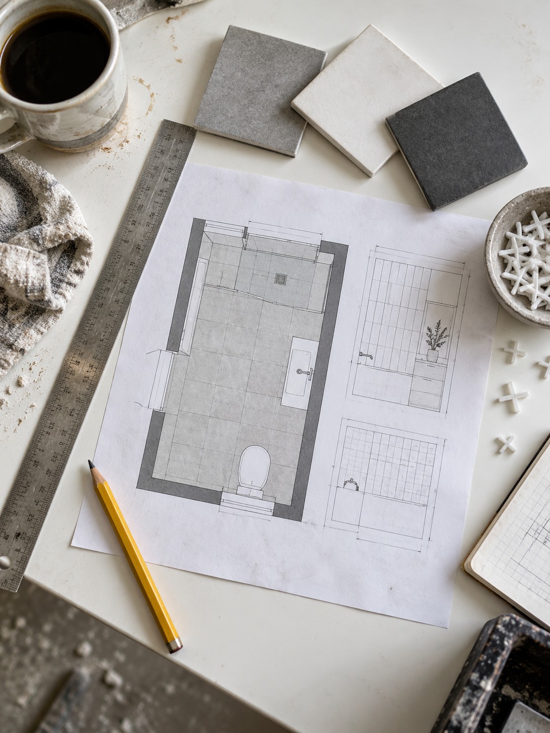 Tile layout drawing with a ruler, pencil, spacers and porcelain samples