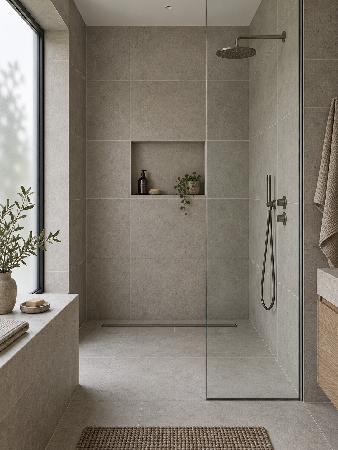 Walk-in shower with warm gray tiles, a recessed niche and frameless glass