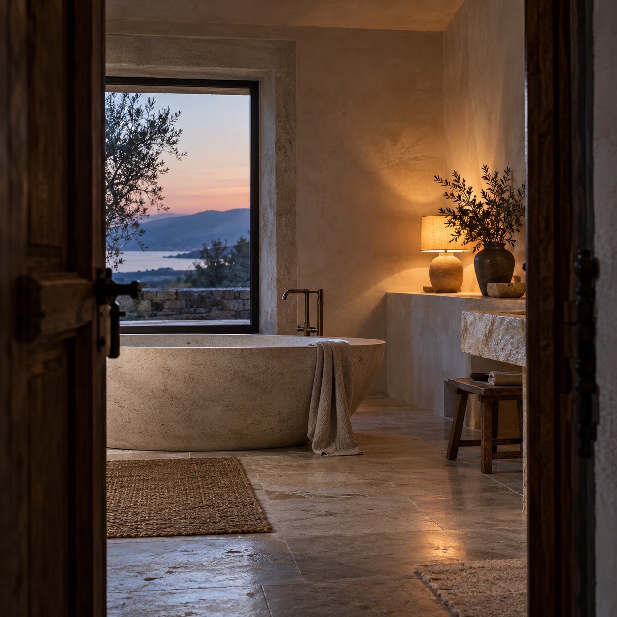 Pale stone bathroom with a softly lit bathtub seen through an open doorway at dusk