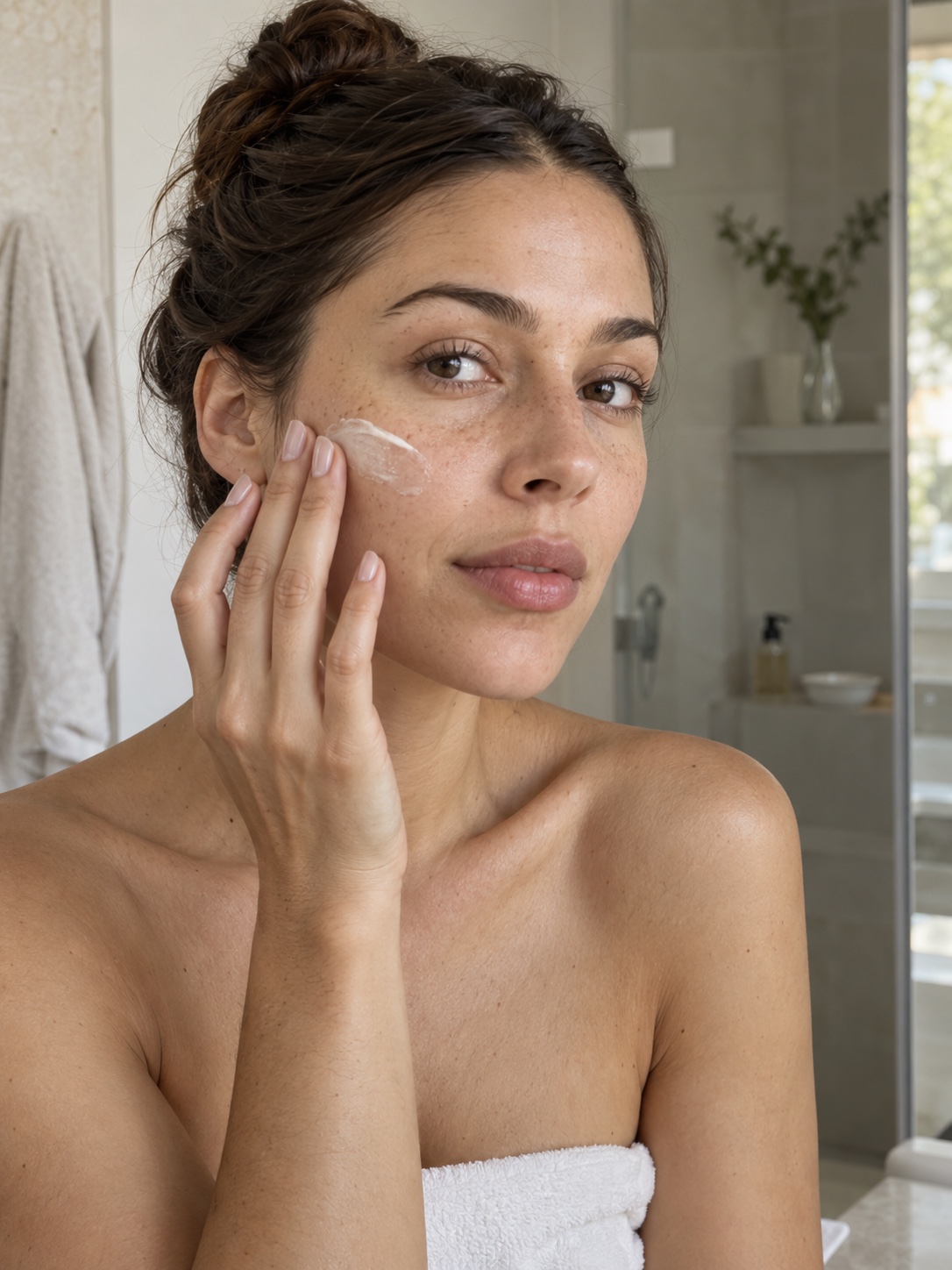 Beauty blogger applying skincare Beauty creator applying skincare in a softly lit minimalist bathroom | Sky Rye Design Beauty creator applying skincare in a softly lit minimalist bathroom