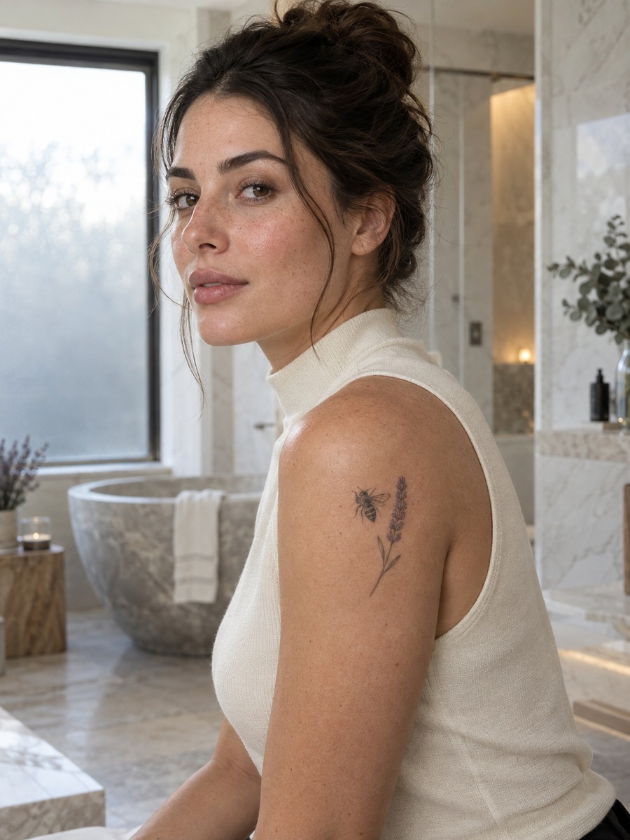 Fine-line bee and lavender sprig tattoo on the shoulder